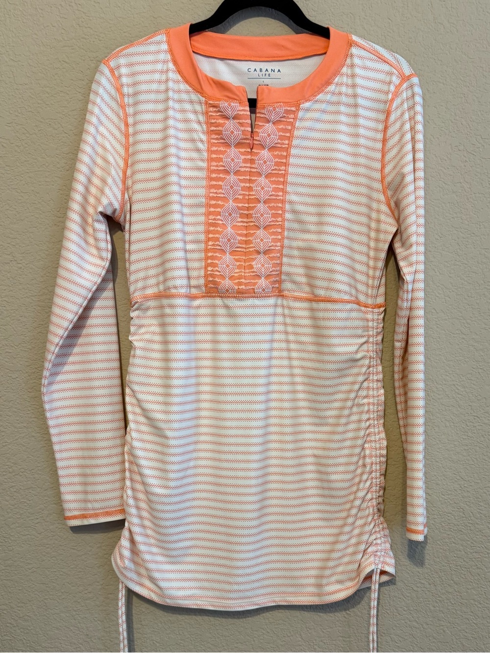 Cabana Life Womens L Embroidered Peach Ivory Ruched Rash Guard Tunic Swim Beach